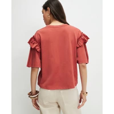 Orange Chevron Ruffle Sleeve T-Shirt