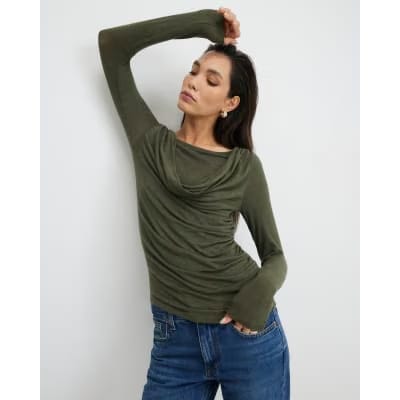Khaki Long Sleeve Drape Layered Top