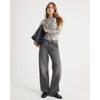 Cream leopard Print Long Sleeve Ribbed Top