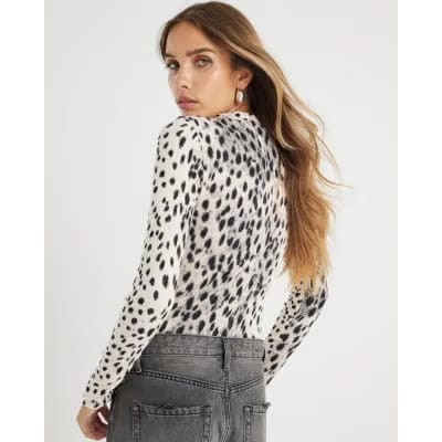 Cream leopard Print Long Sleeve Ribbed Top