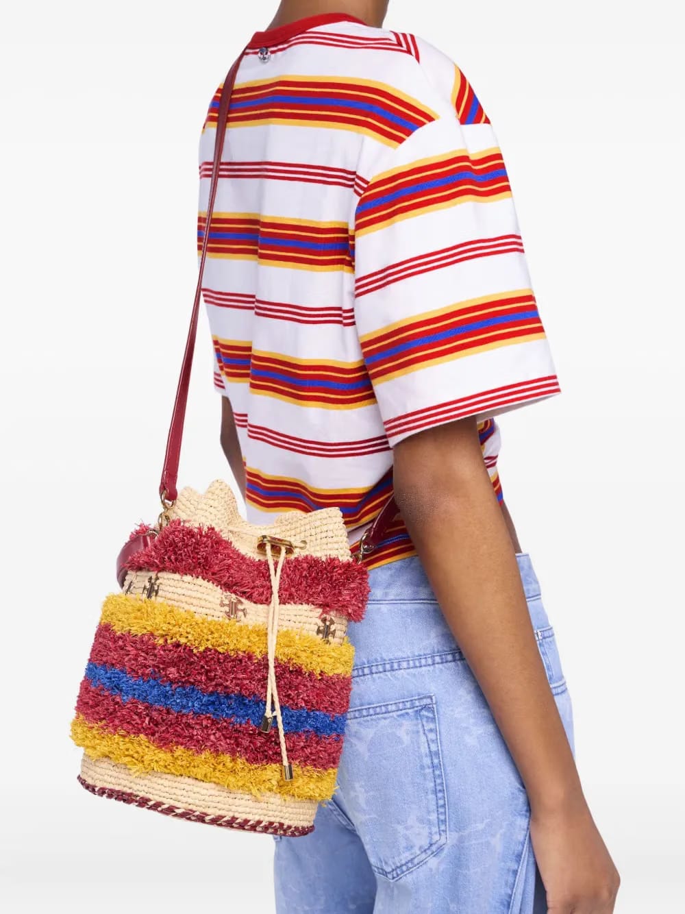woven striped bucket bag