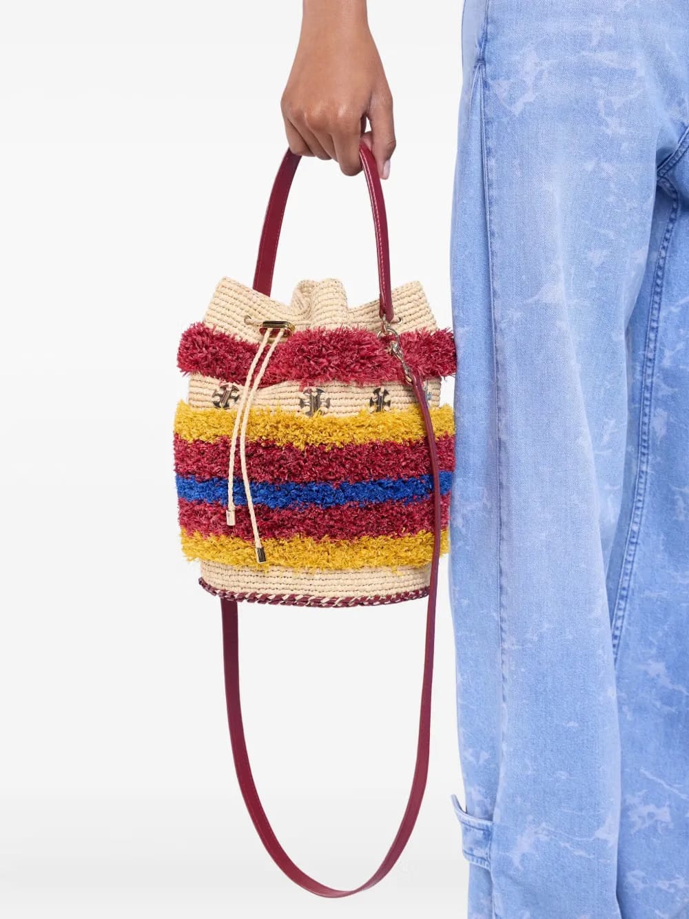 woven striped bucket bag