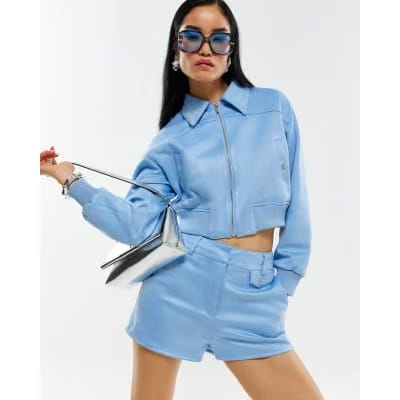 Blue Faux Suede Bomber Jacket