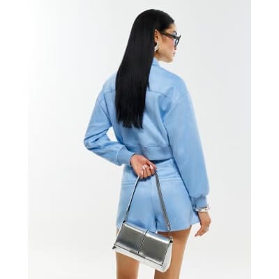 Blue Faux Suede Bomber Jacket