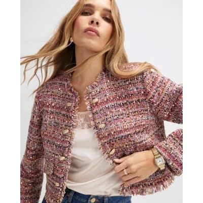 Red Boucle Edge To Edge Jacket
