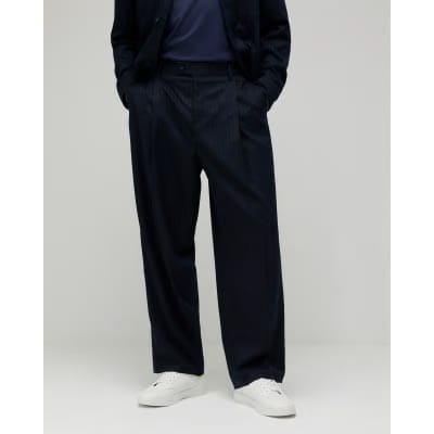 Navy Loose Fit Pinstripe Trousers