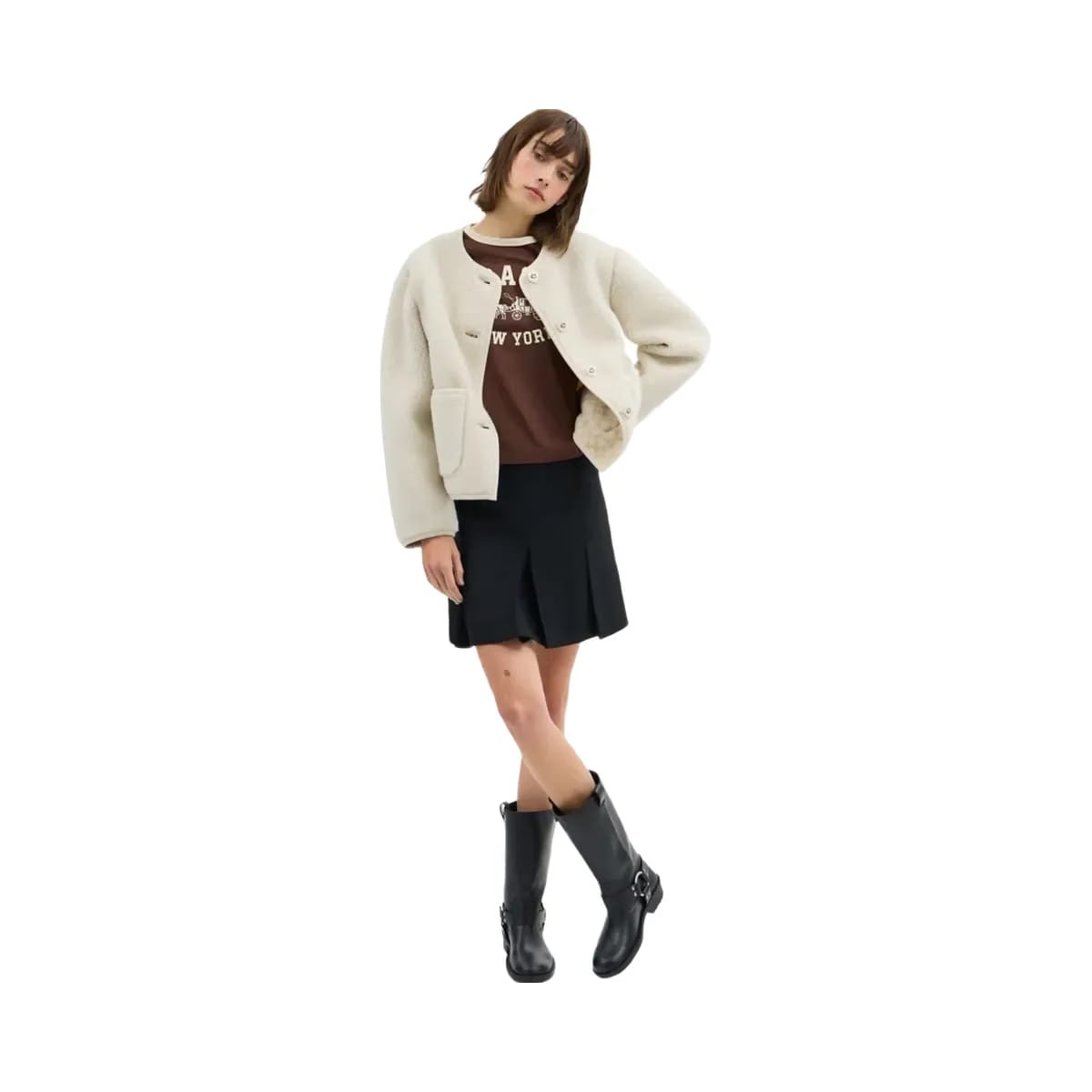 Coach Short Sherpa Cardi Jacket Natural