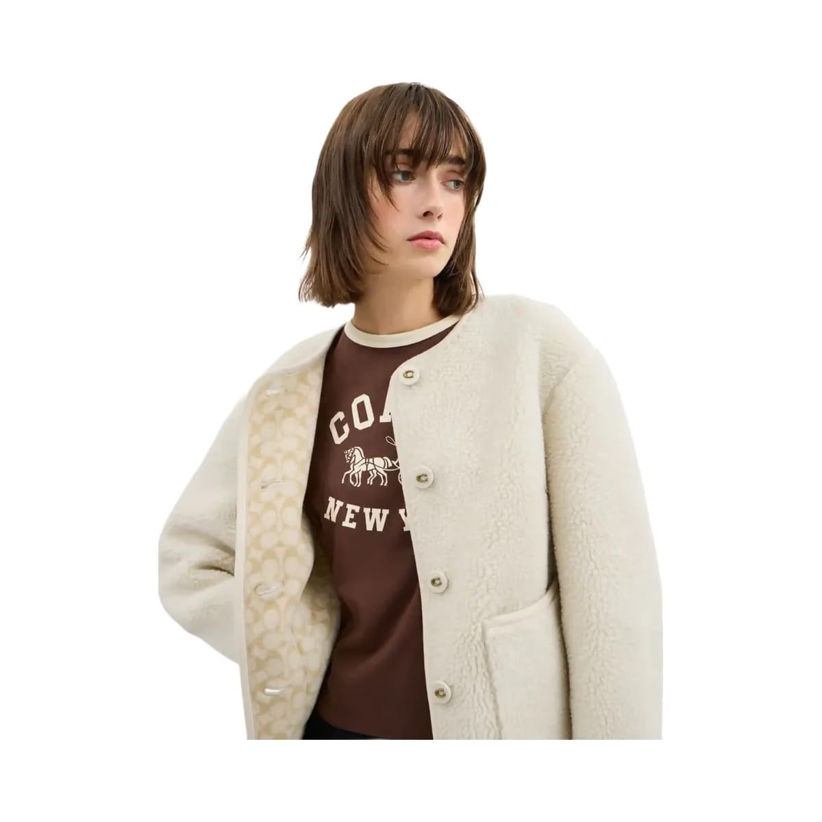 Coach Short Sherpa Cardi Jacket Natural