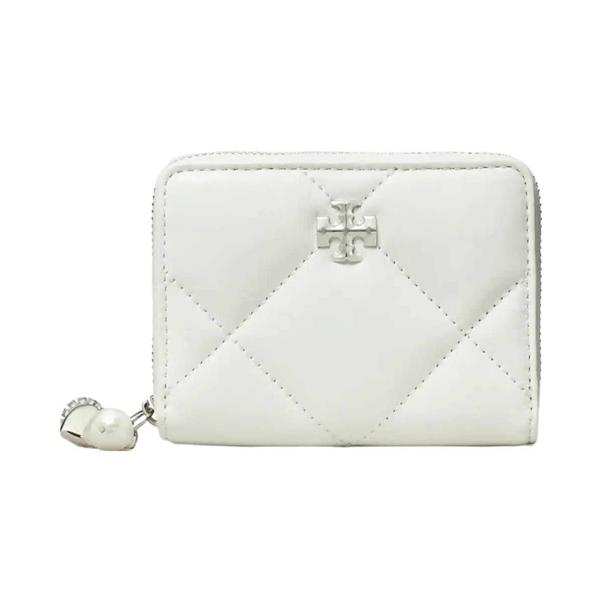 Tory Burch Small Kira Diamond Quilt Distressed Charm Zip-Around Wallet Blanc