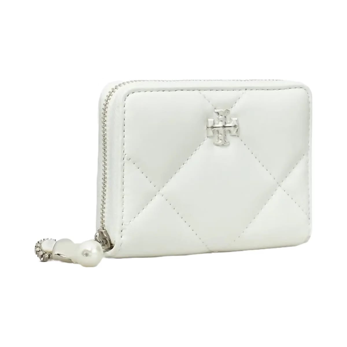 Tory Burch Small Kira Diamond Quilt Distressed Charm Zip-Around Wallet Blanc