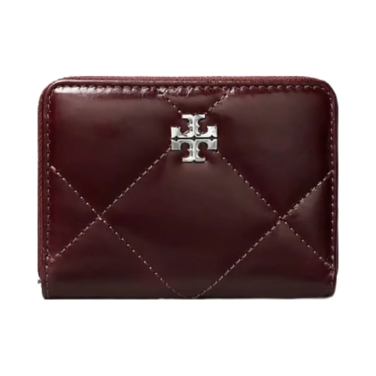 Tory Burch Small Kira Diamond Quilt Distressed Zip-Around Wallet Dark Carmine