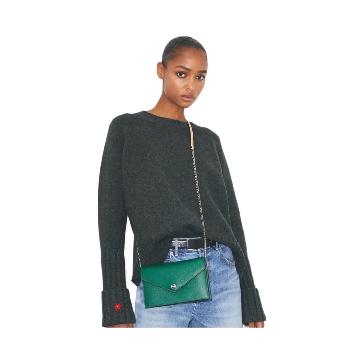 Tory Burch Pebble Envelope Chain Wallet Dark Kale
