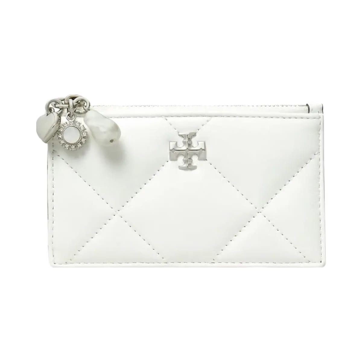 Tory Burch Kira Diamond Quilt Distressed Charm Zip Card Case Blanc