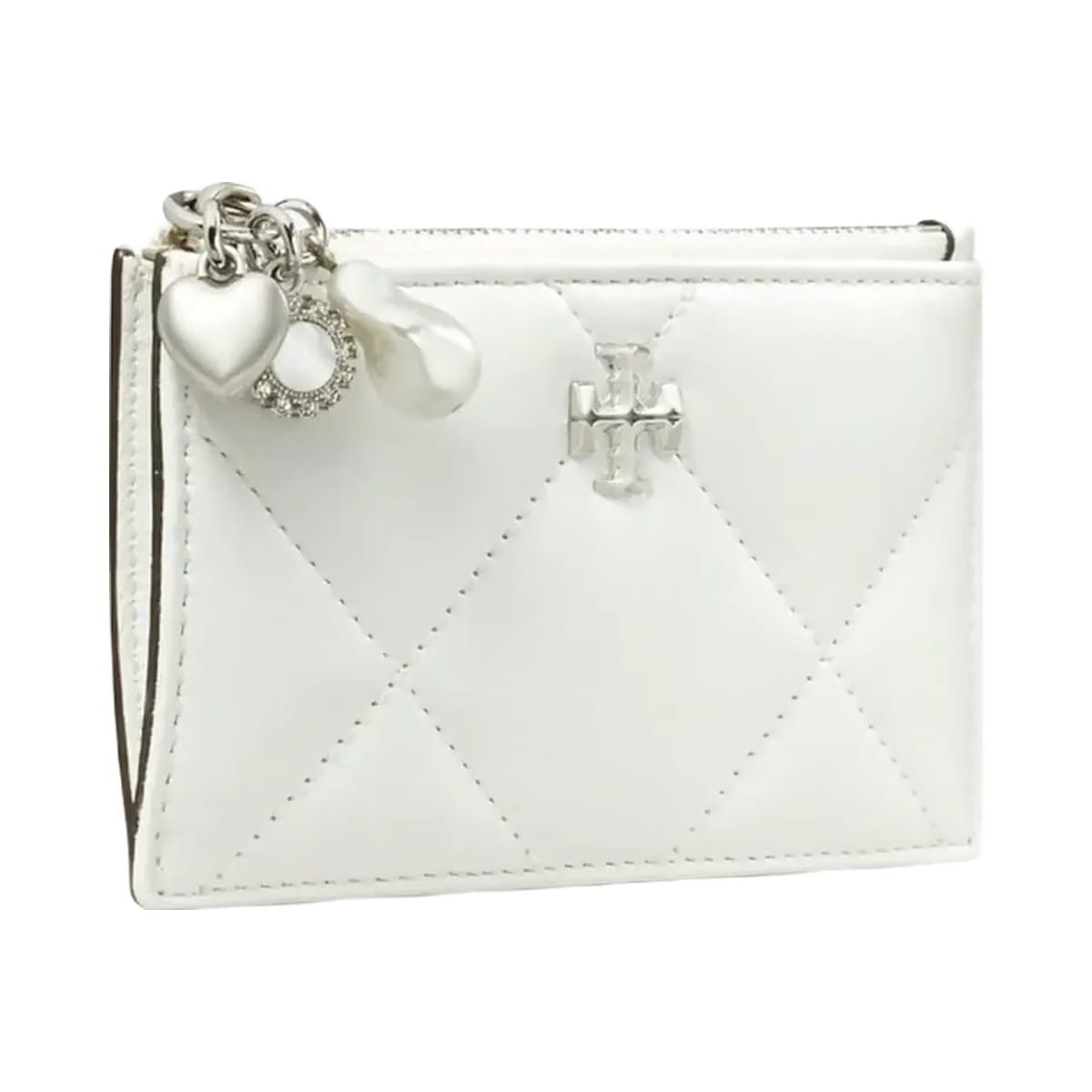 Tory Burch Kira Diamond Quilt Distressed Charm Zip Card Case Blanc