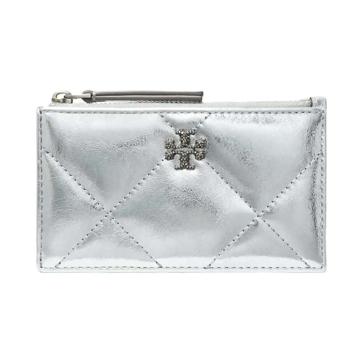 Tory Burch Kira Diamond Quilt Metallic Zip Card Case Silver