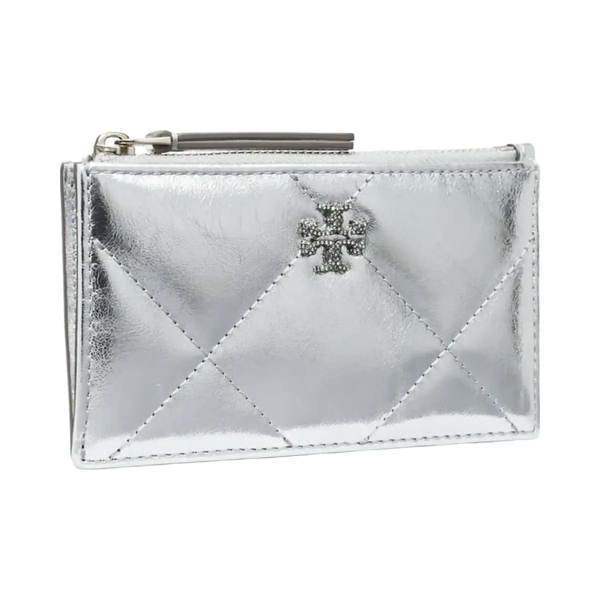 Tory Burch Kira Diamond Quilt Metallic Zip Card Case Silver