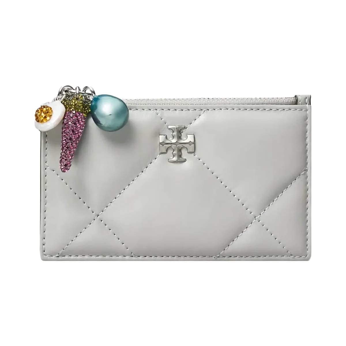 Tory Burch Kira Diamond Quilt Charm Zip Card Case Gray