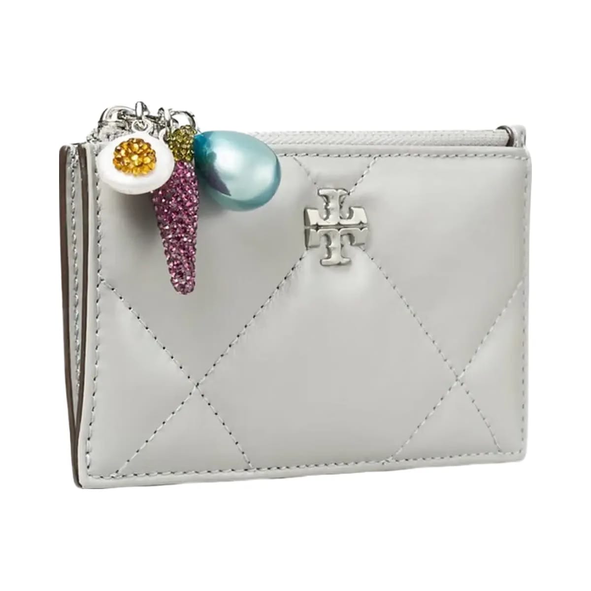 Tory Burch Kira Diamond Quilt Charm Zip Card Case Gray
