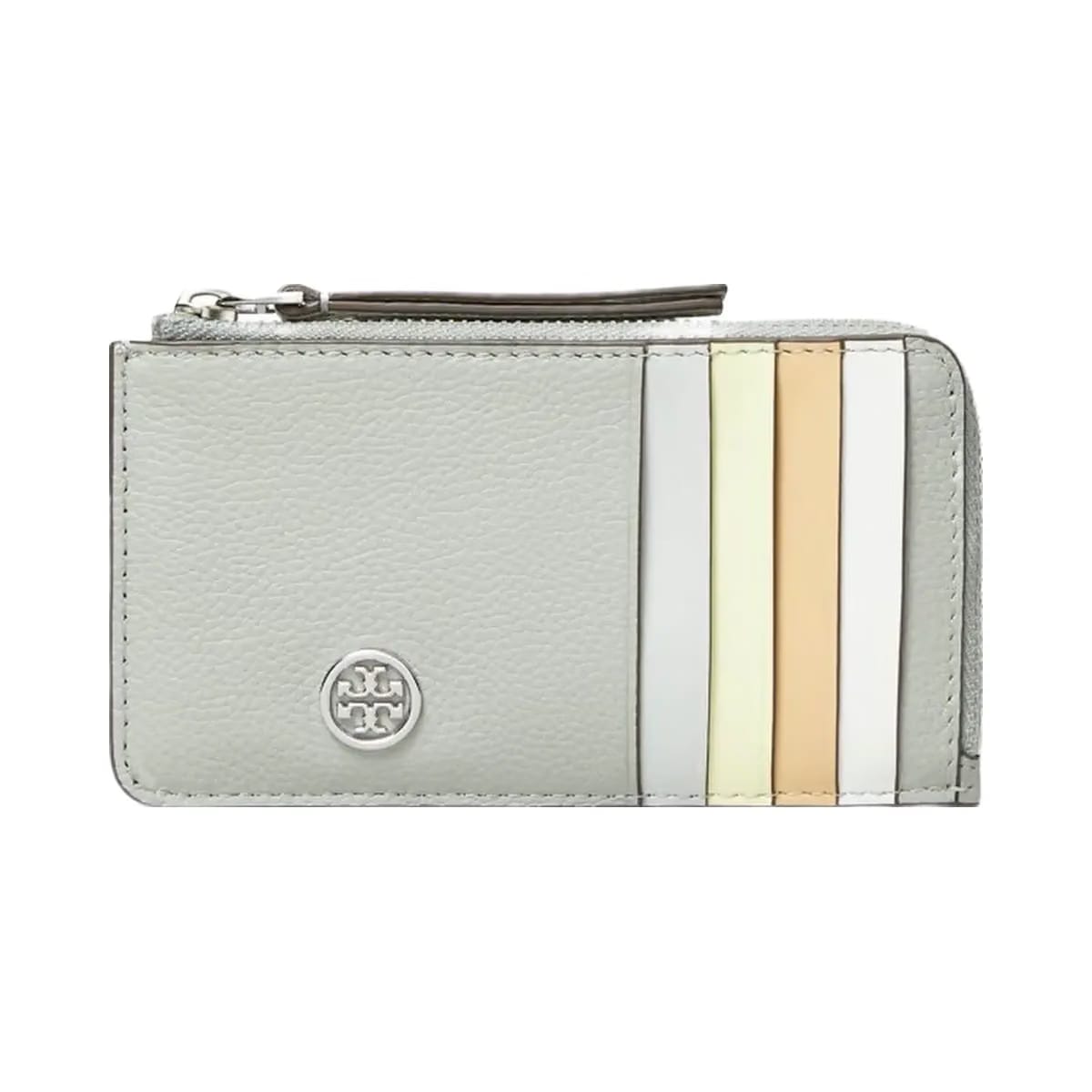 Tory Burch Robinson Pebbled Top-Zip Card Case Light Granite