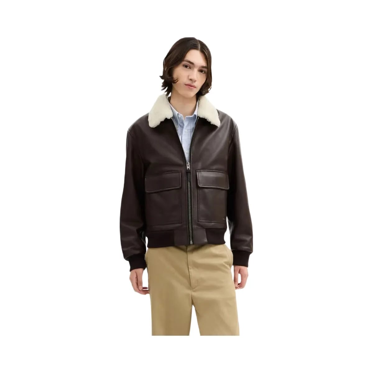 Coach Leather Flight Jacket With Shearling Collar Smoked Wood