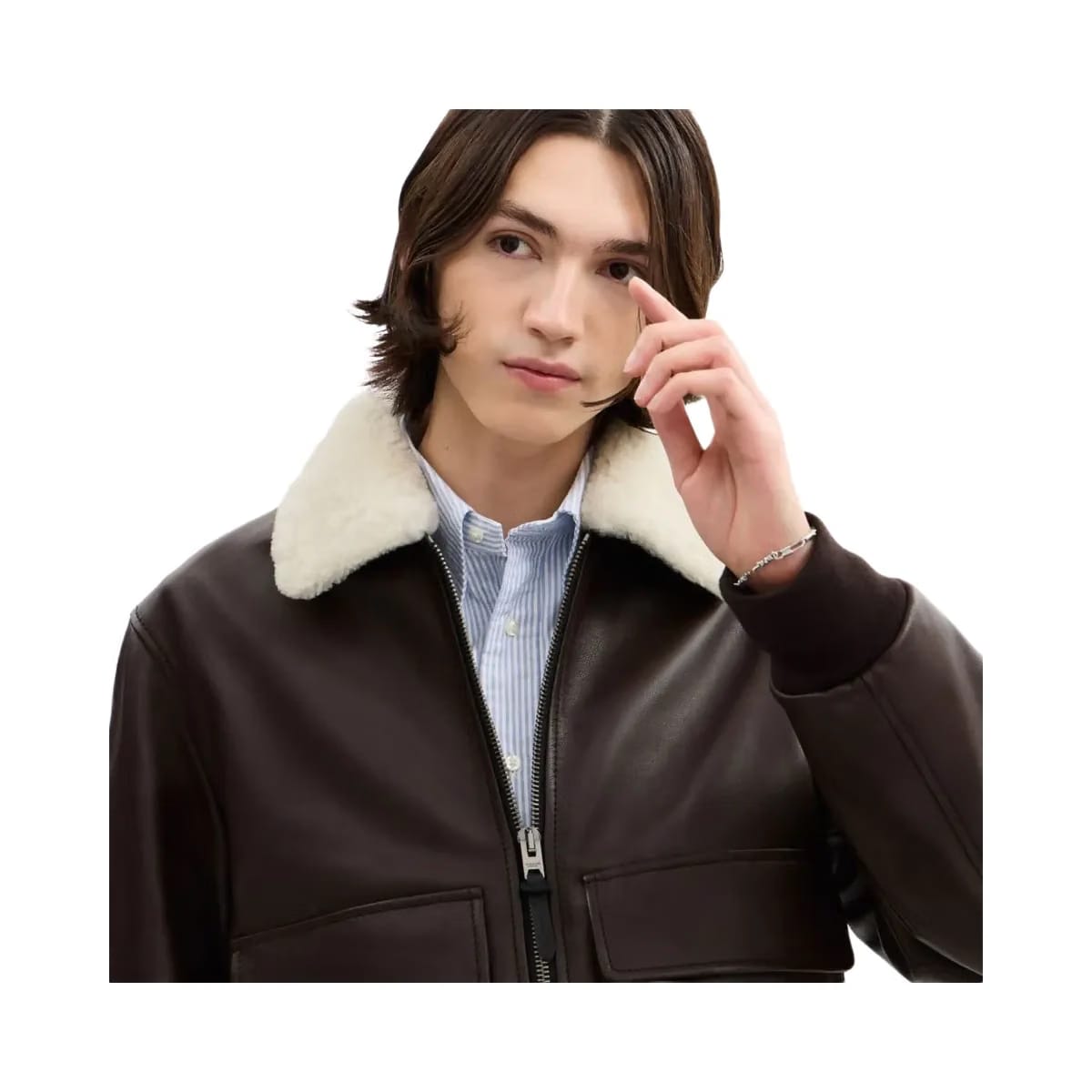 Coach Leather Flight Jacket With Shearling Collar Smoked Wood