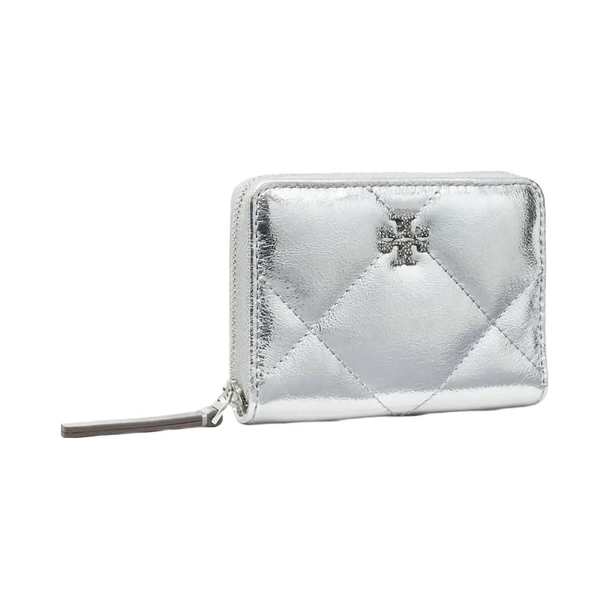 Tory Burch Small Kira Diamond Quilt Metallic Zip-Around Wallet Silver