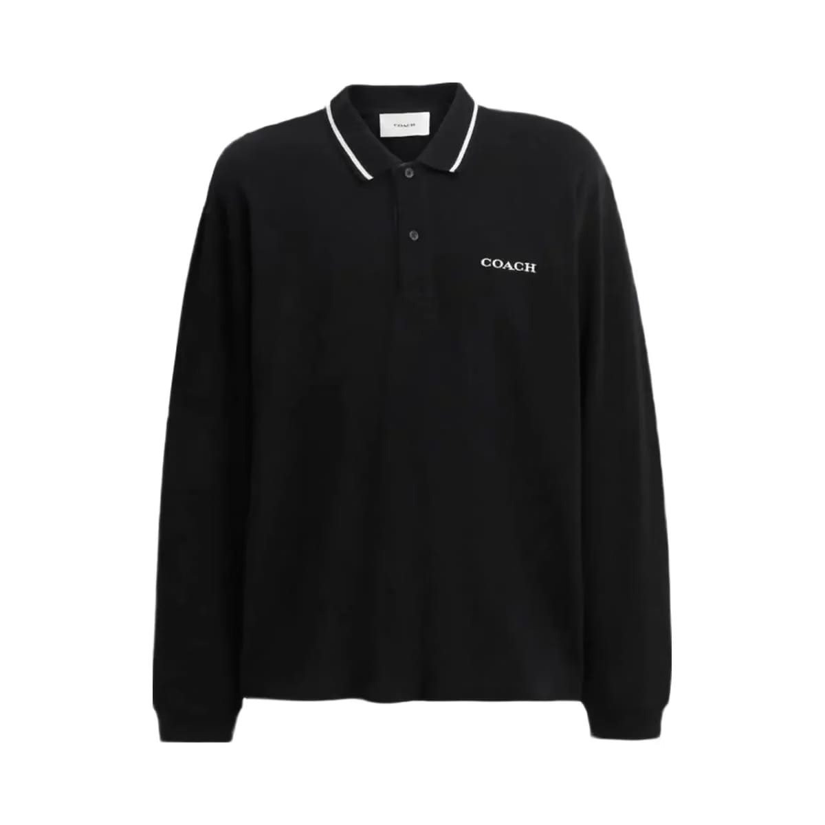 Coach Signature Trim Long Sleeve Polo In Regenerative Cotton Black