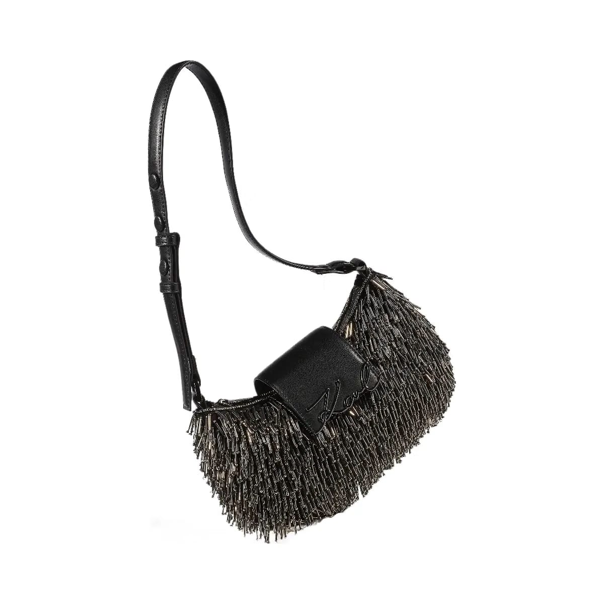 Karl Lagerfeld Signature Beaded Moon Bag Black Embellishment
