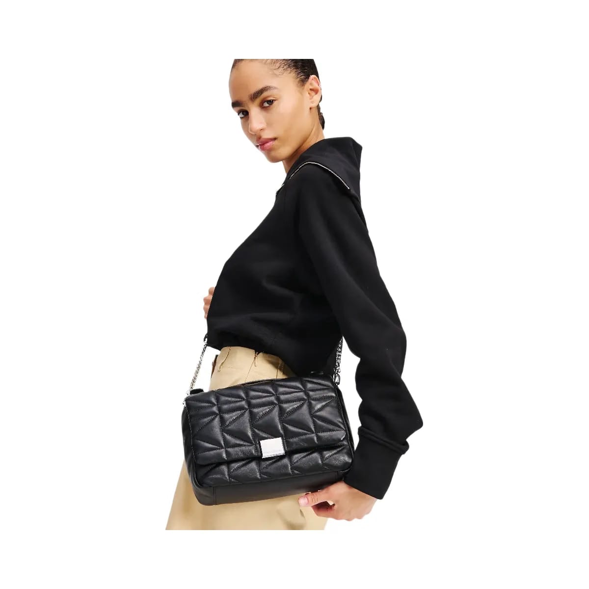 Karl Lagerfeld Kuilt Crossbody Top Handle Bag Black Nickel