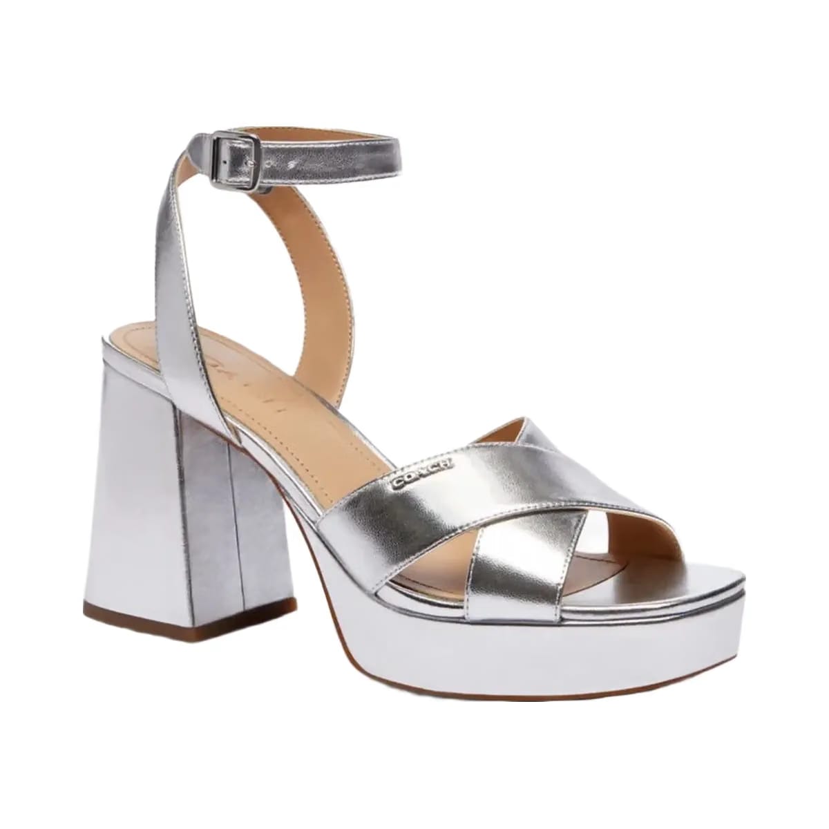 Coach Women's Block Heel Sandal Metallic Silver