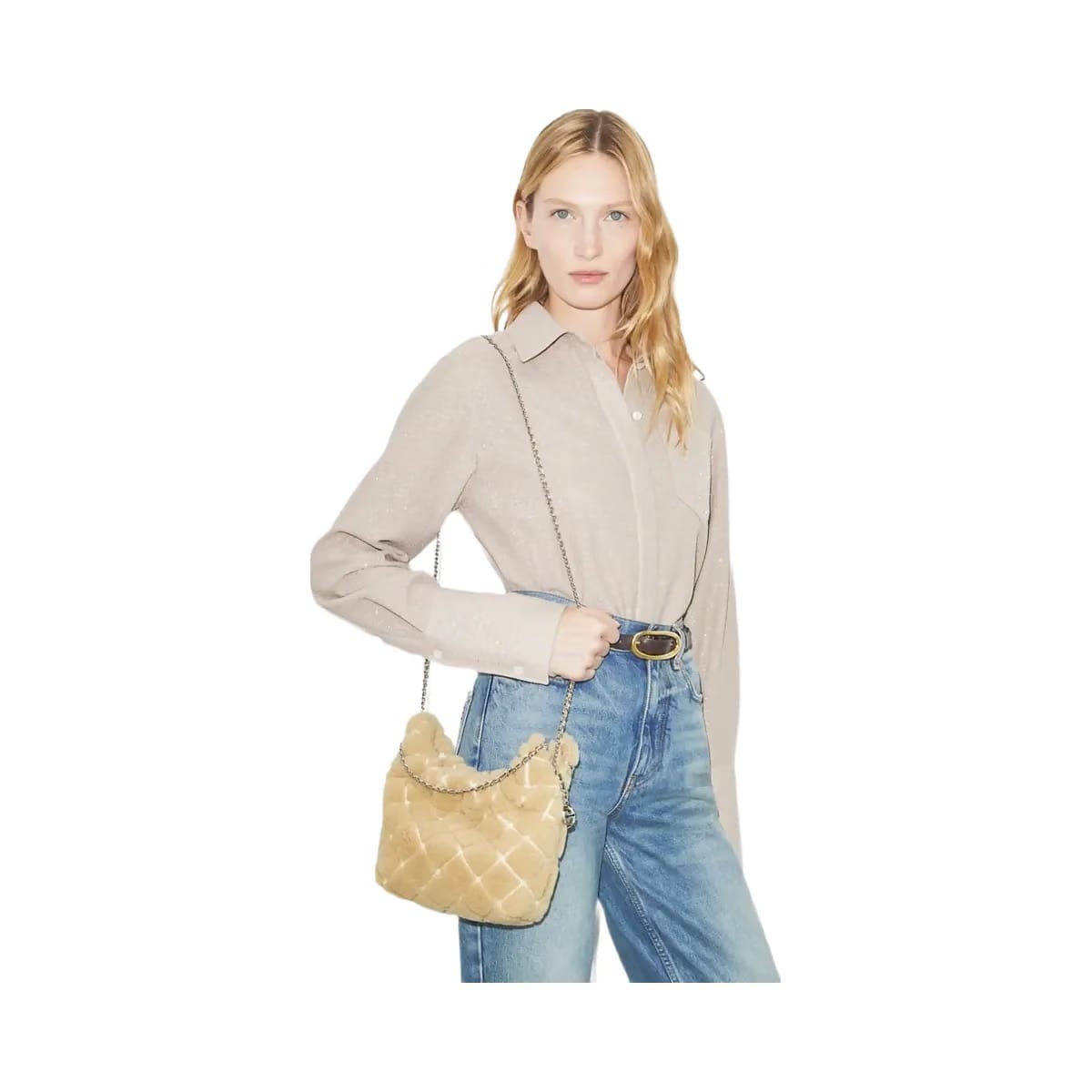 Tory Burch Mini Fleming Shearling Hobo Bag Ivory