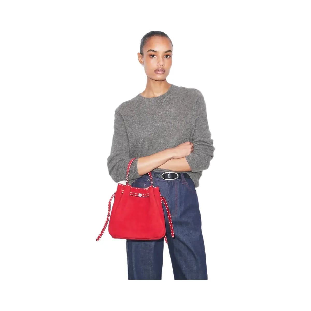 Tory Burch Romy Suede Pick Stitch Bucket Bag Toucan Red