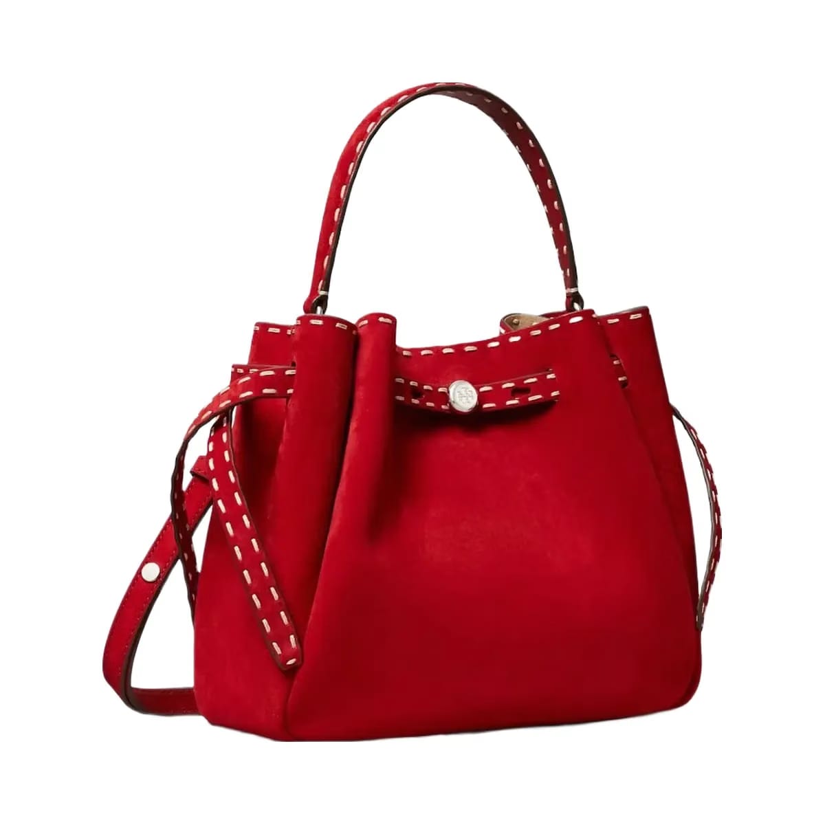 Tory Burch Romy Suede Pick Stitch Bucket Bag Toucan Red
