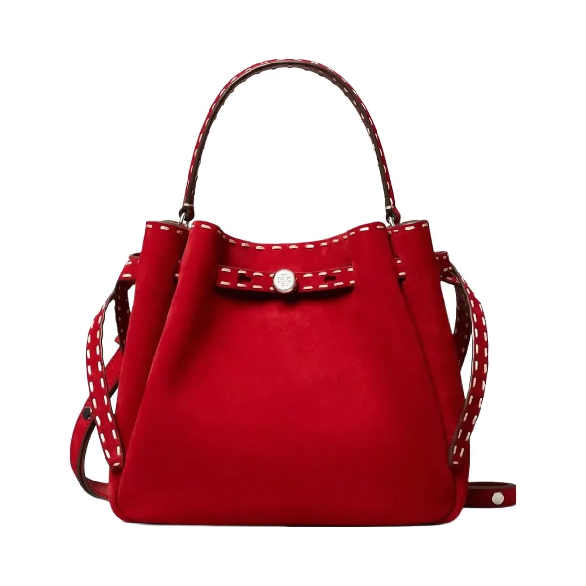 Tory Burch Romy Suede Pick Stitch Bucket Bag Toucan Red