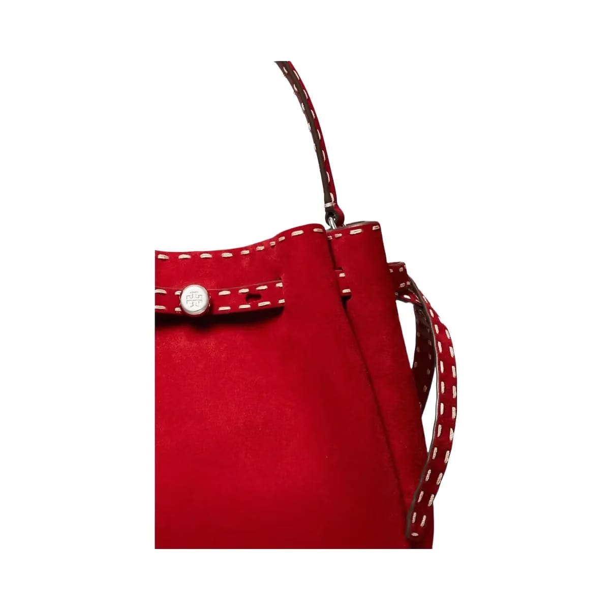 Tory Burch Romy Suede Pick Stitch Bucket Bag Toucan Red