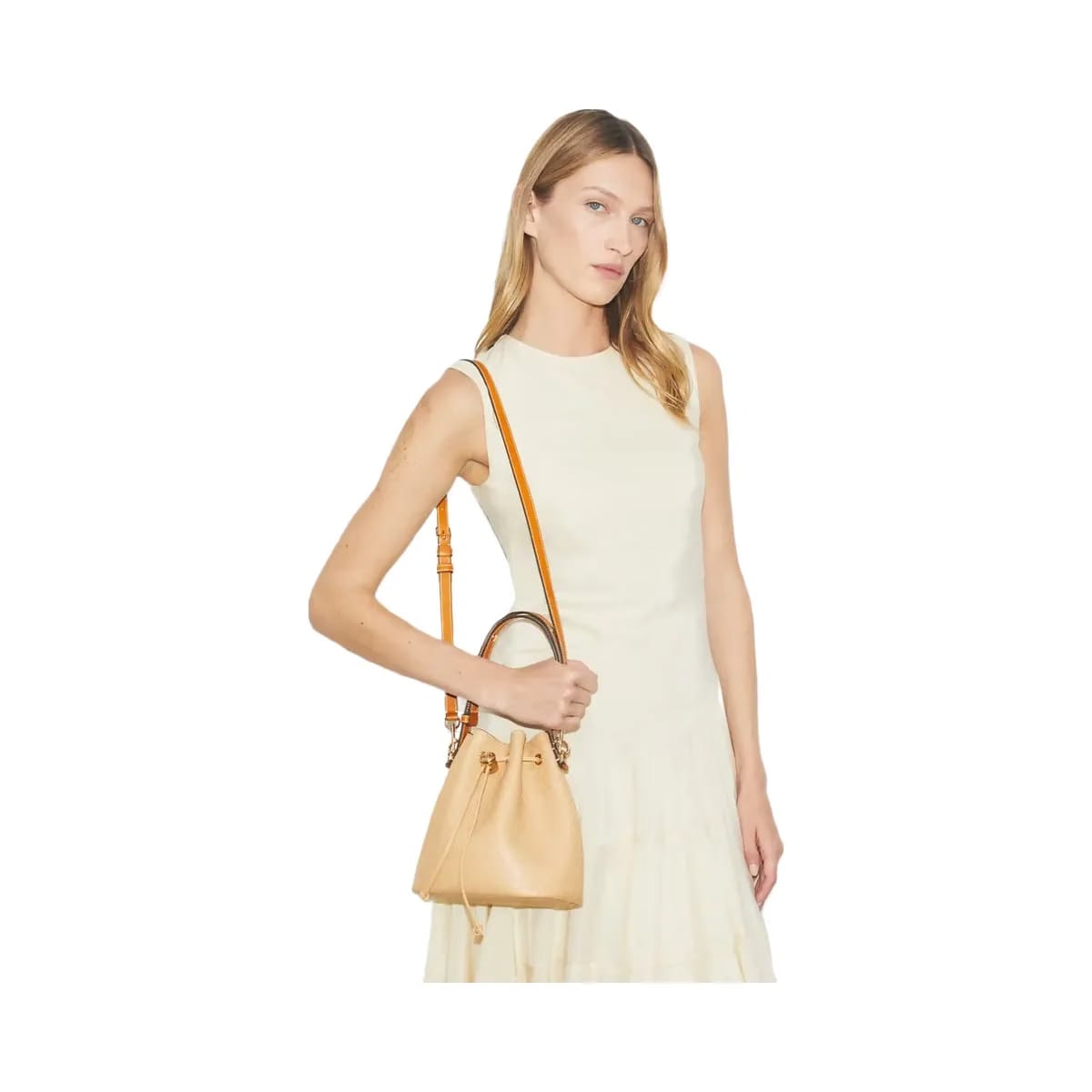 Tory Burch T Monogram Pebble Bucket Bag Biscotti