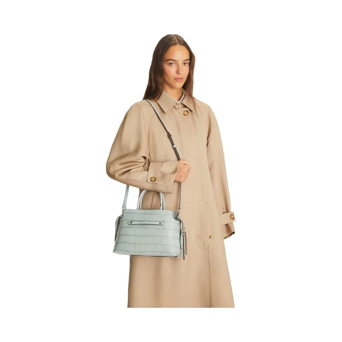 Tory Burch Mercer Croc-Embossed Satchel Blue Celadon