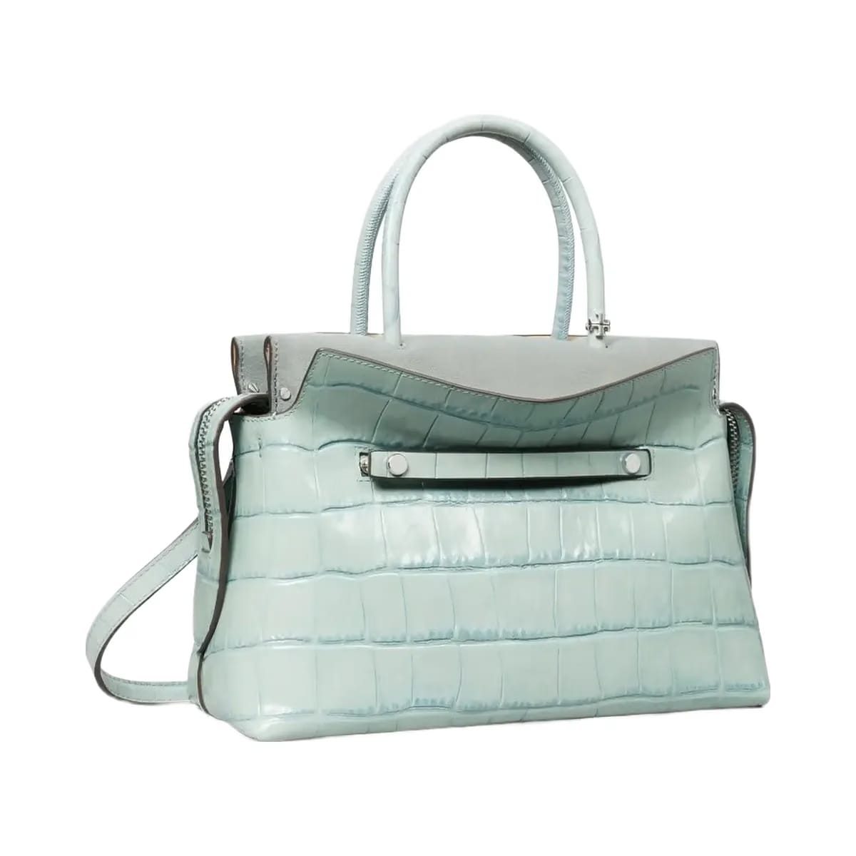 Tory Burch Mercer Croc-Embossed Satchel Blue Celadon