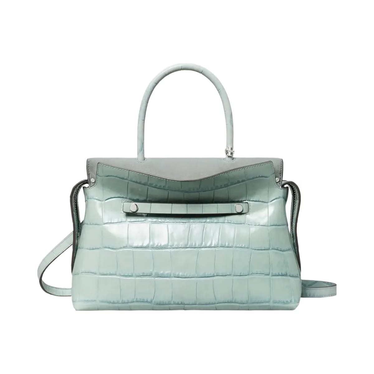 Tory Burch Mercer Croc-Embossed Satchel Blue Celadon