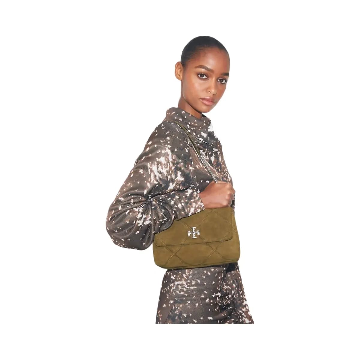 Tory Burch Kira Diamond Quilt Suede Shoulder Bag Deep Olive
