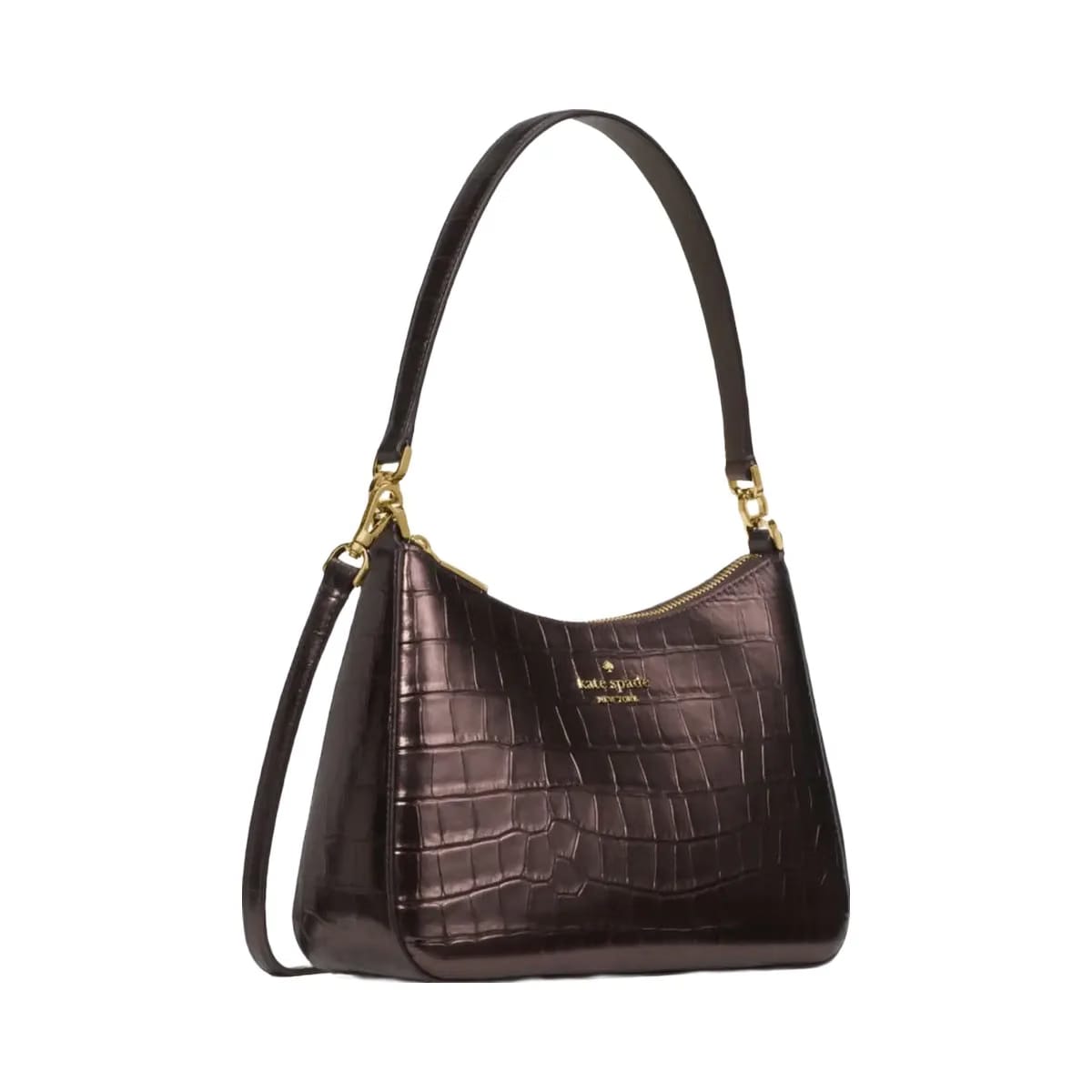 Kate Spade Margot Metallic Croc Embossed Convertible Shoulder Bag Hot Fudge