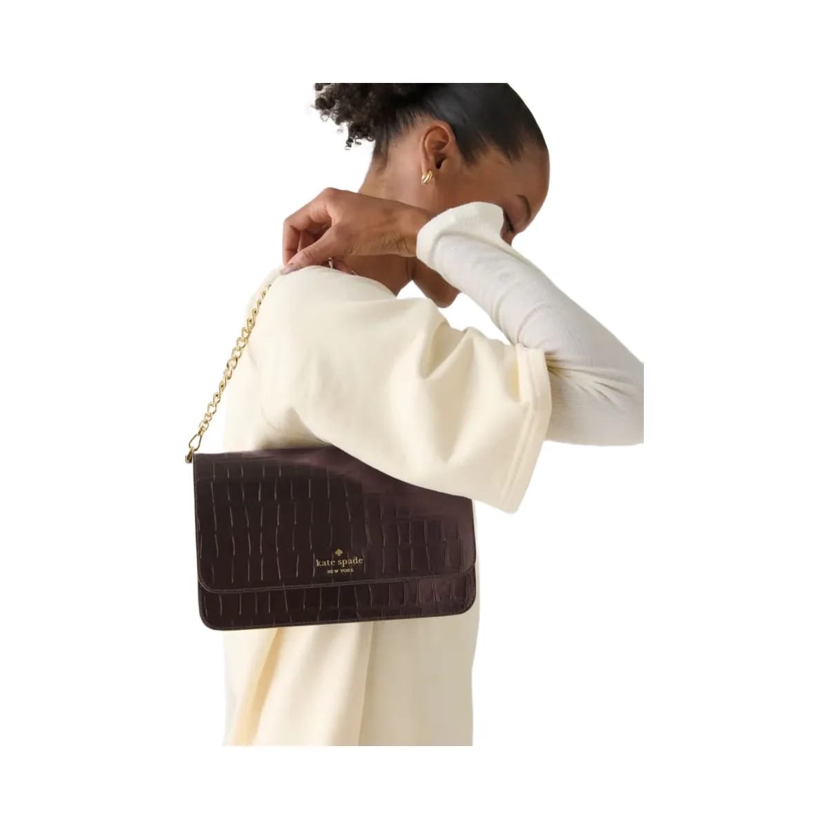 Kate Spade Madison Croc Embossed Willow Medium Convertible Crossbody Hot Fudge
