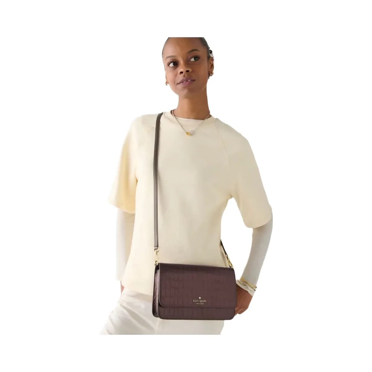 Kate Spade Madison Croc Embossed Willow Medium Convertible Crossbody Hot Fudge