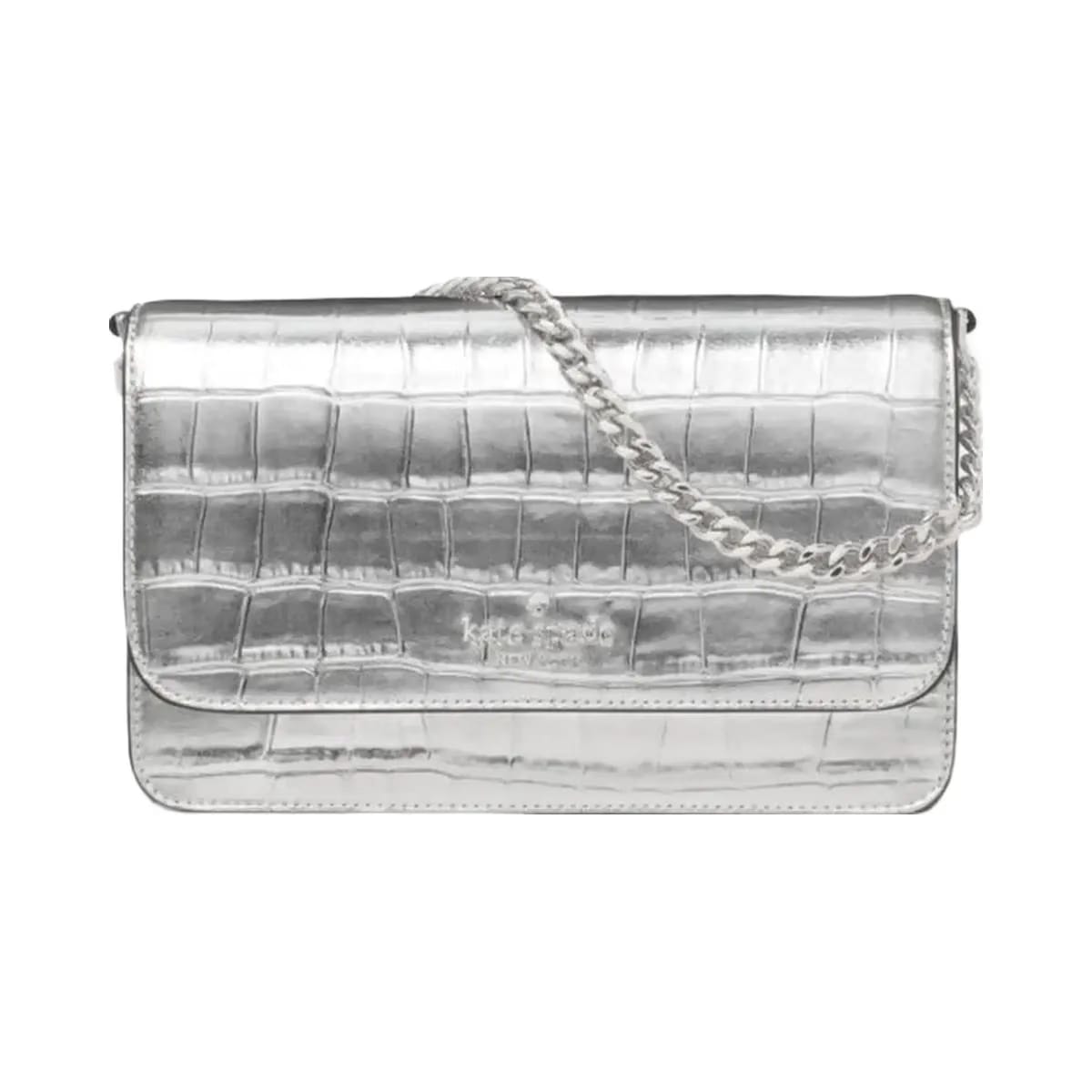 Kate Spade Madison Croc Embossed Willow Mini Flap Crossbody Silver
