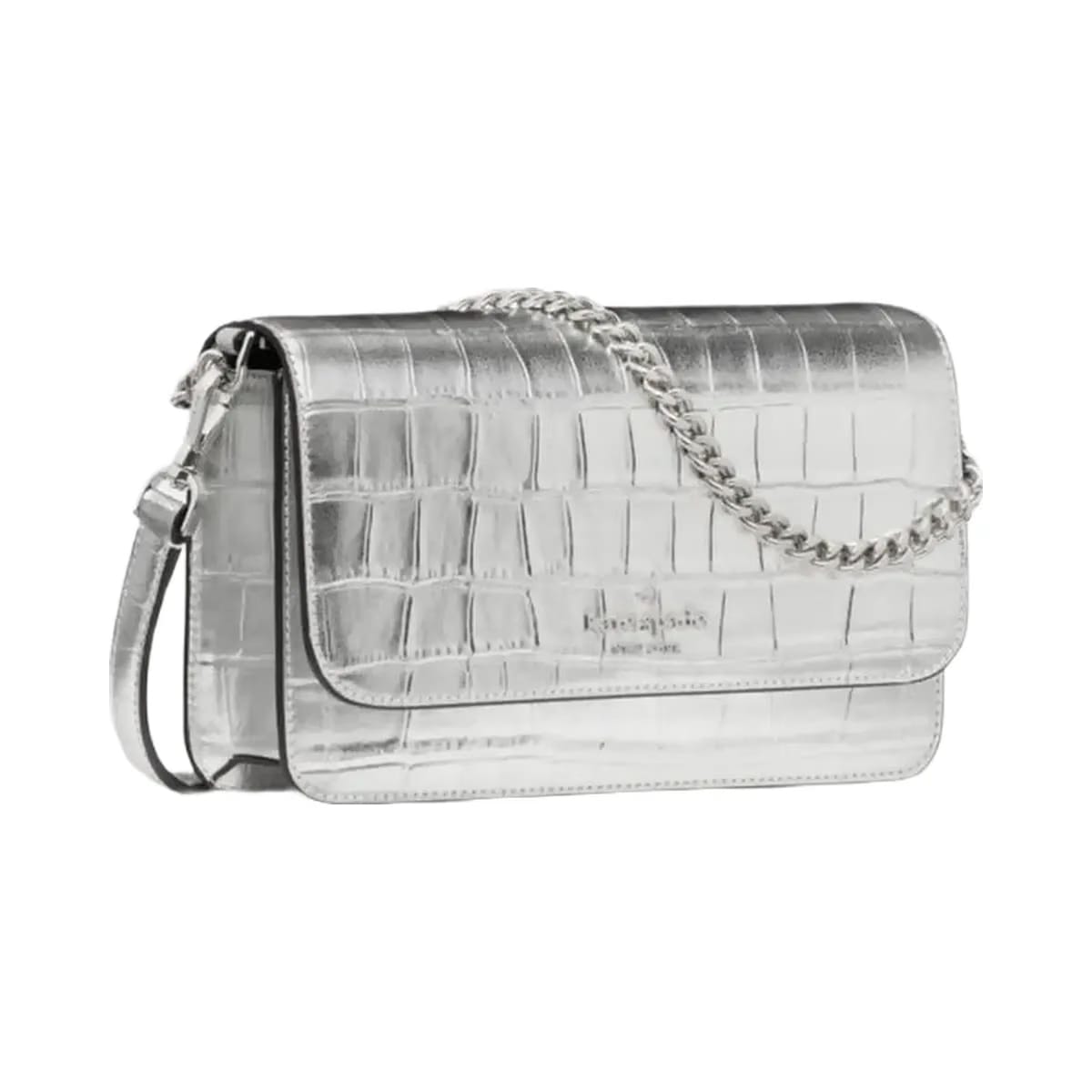 Kate Spade Madison Croc Embossed Willow Mini Flap Crossbody Silver