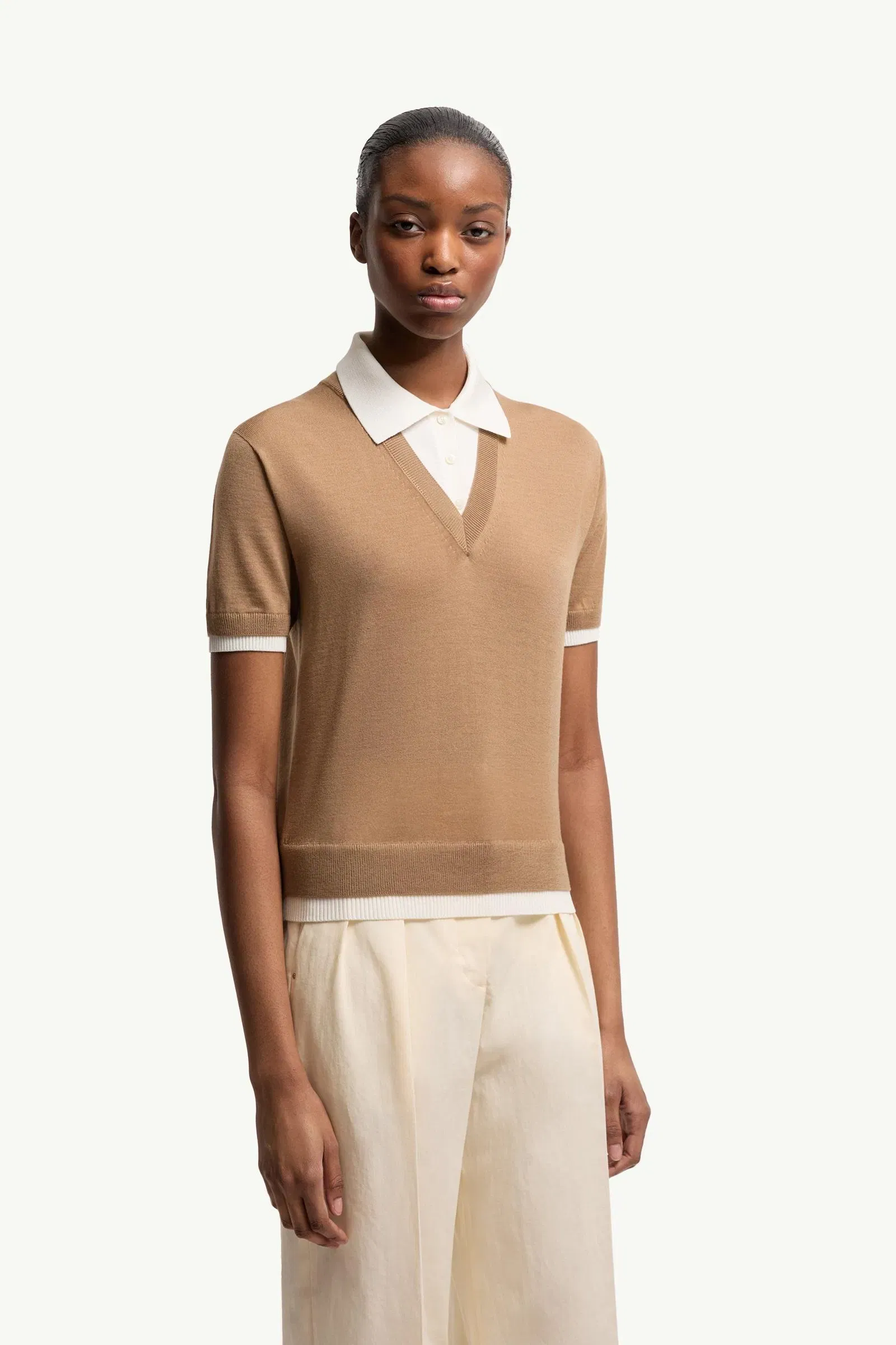 Moncler Layered Wool Polo Shirt Beige Beige