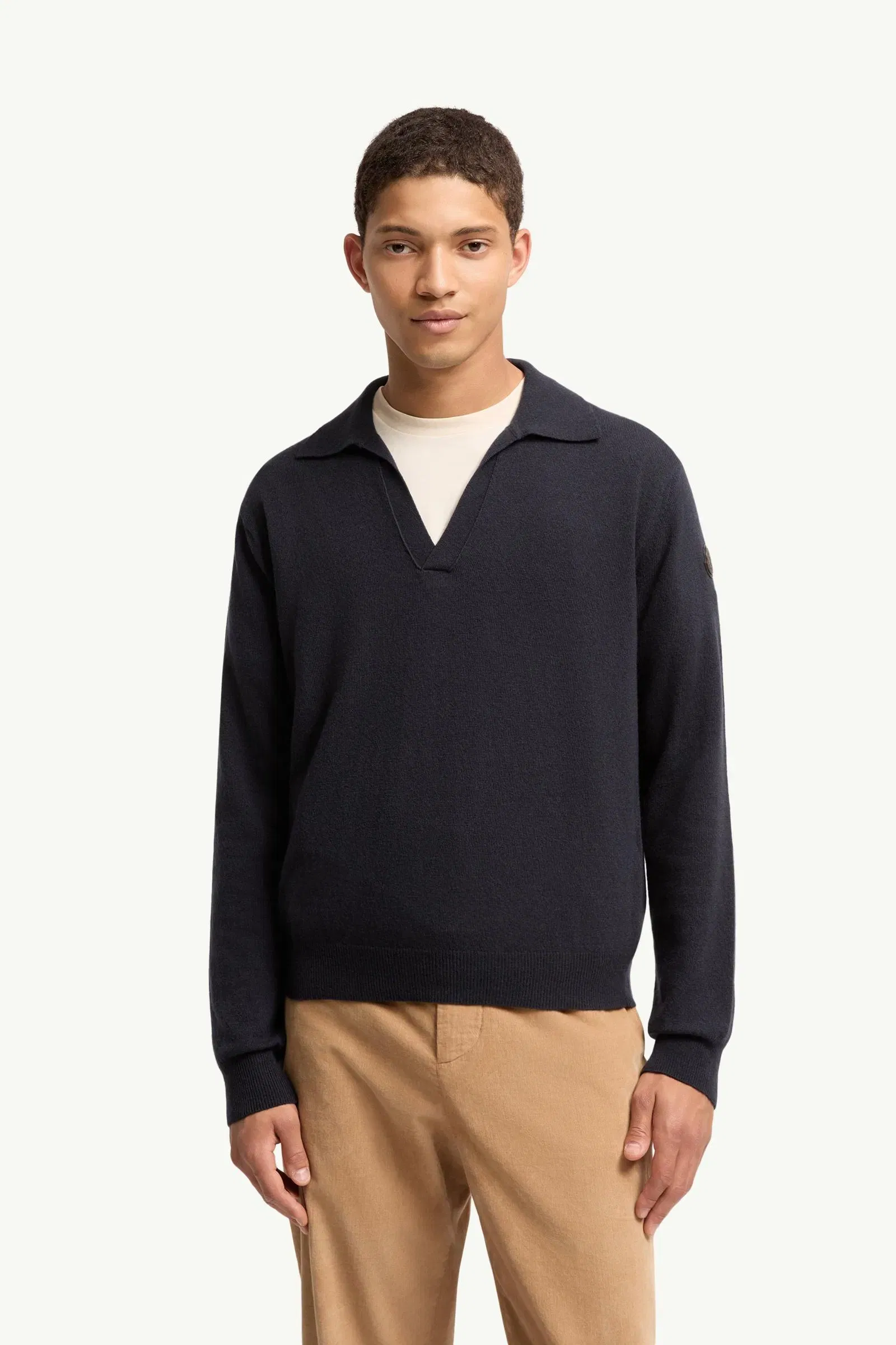 Moncler Wool & Cashmere Long Sleeve Polo Shirt Navy Blue Navy Blue