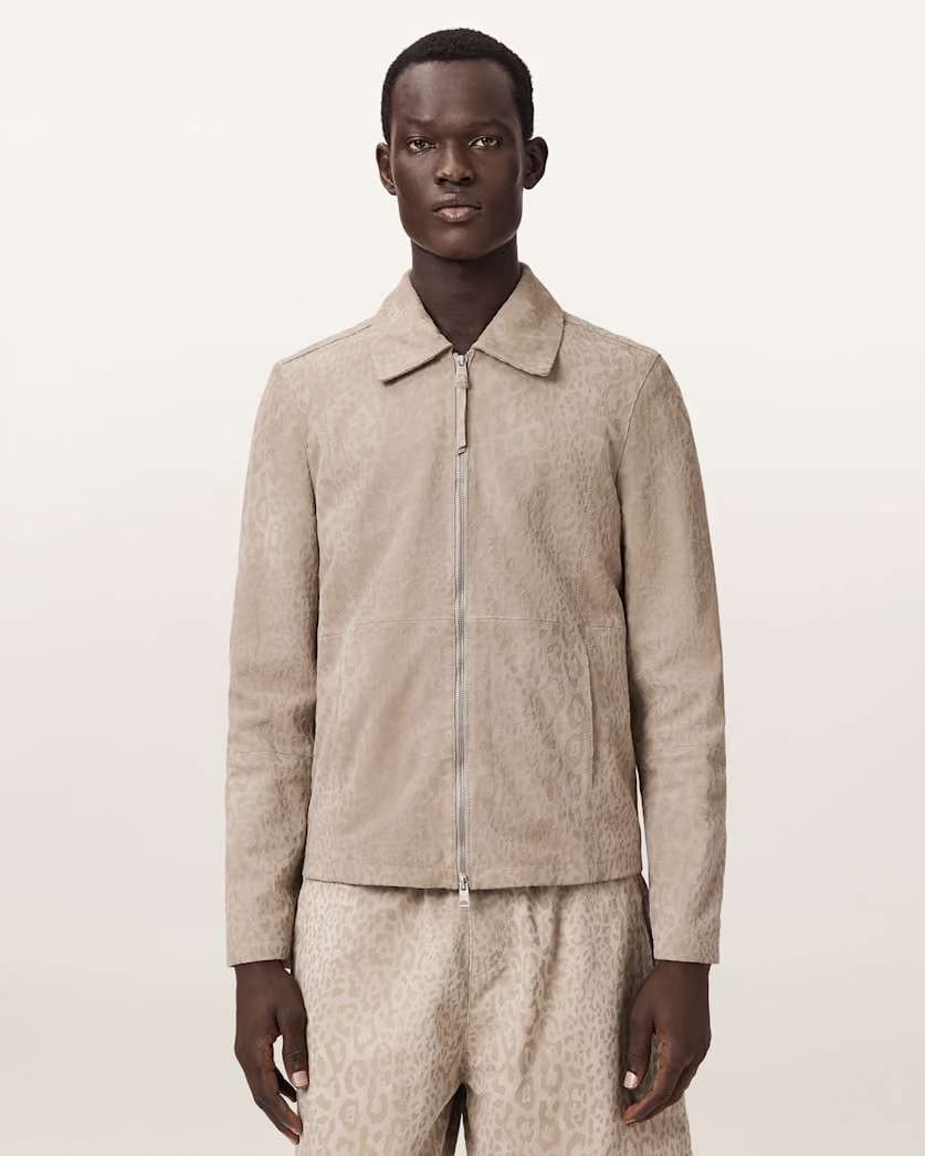 AllSaints Hockley Suede Animal Print Jacket Pasilla Brown