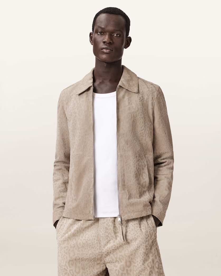 AllSaints Hockley Suede Animal Print Jacket Pasilla Brown