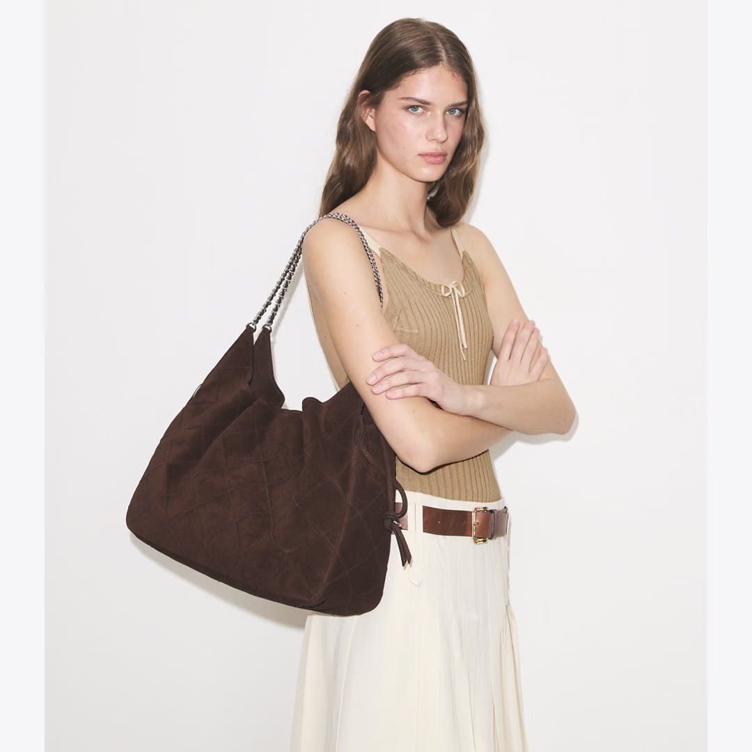 Tory Burch Large Fleming Suede Tote Dark Cocoa